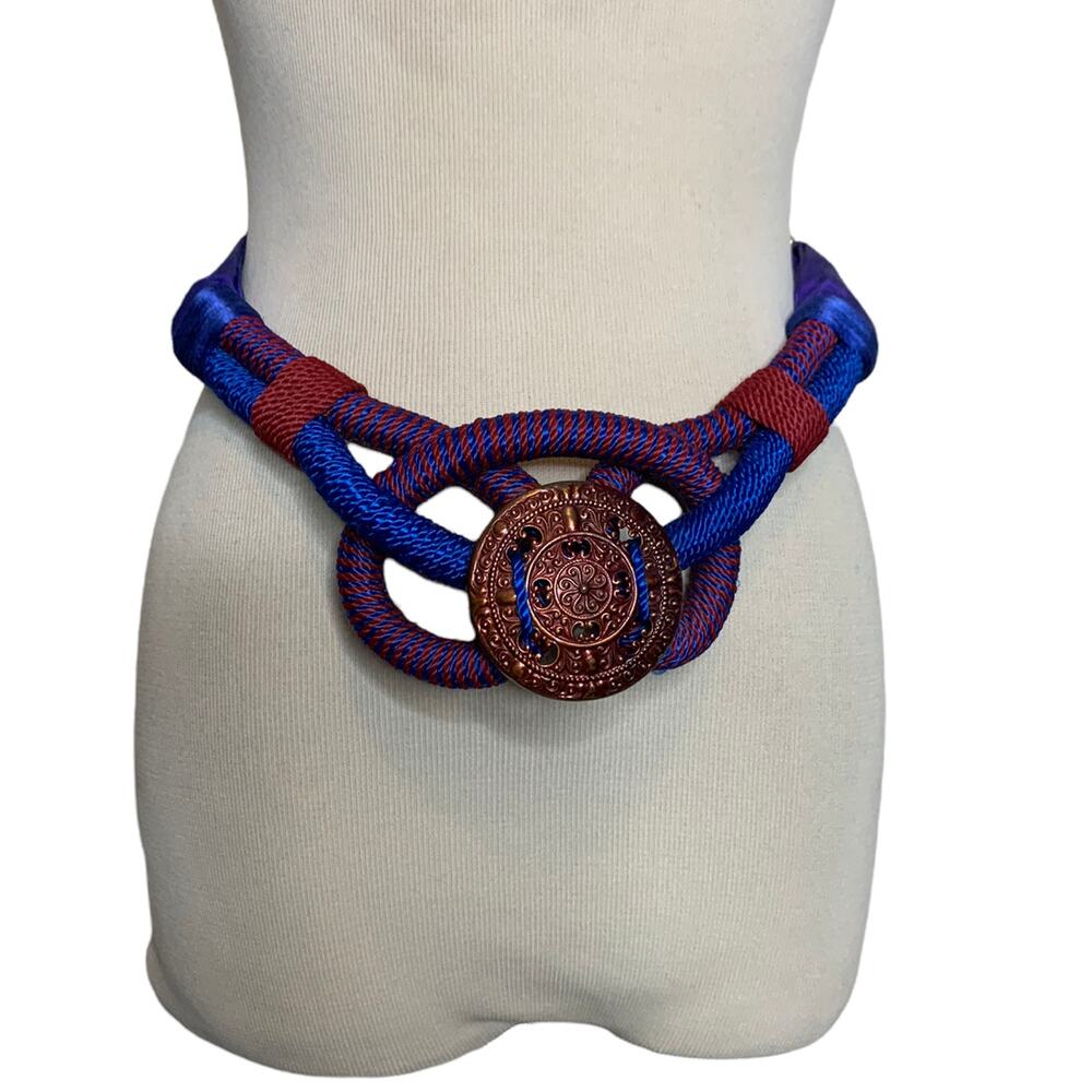 Vintage blue red with golden buckle hook and loop unique belt 34" M/L